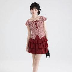 Sweet Red Plaid Shirt Square Neck Short Top - MEIMMEIM(メイムメイム)