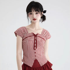 Sweet Red Plaid Shirt Square Neck Short Top - MEIMMEIM(メイムメイム)