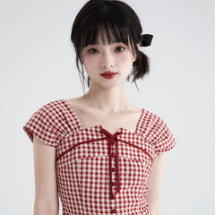 Sweet Red Plaid Shirt Square Neck Short Top - MEIMMEIM(メイムメイム)