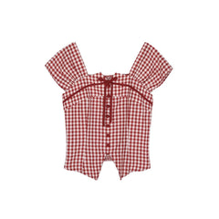 Sweet Red Plaid Shirt Square Neck Short Top - MEIMMEIM(メイムメイム)