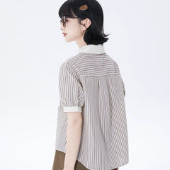 Tailored Milk Coffee Striped Puff Sleeve Shirt - MEIMMEIM(メイムメイム)