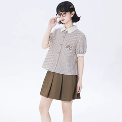 Tailored Milk Coffee Striped Puff Sleeve Shirt - MEIMMEIM(メイムメイム)