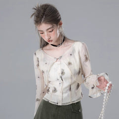 Thin apricot green shadow fake two - piece chiffon shirt - MEIMMEIM(メイムメイム)