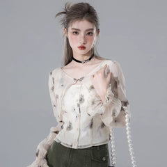 Thin apricot green shadow fake two - piece chiffon shirt - MEIMMEIM(メイムメイム)