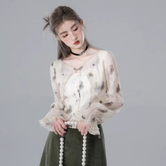 Thin apricot green shadow fake two - piece chiffon shirt - MEIMMEIM(メイムメイム)