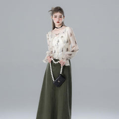 Thin apricot green shadow fake two - piece chiffon shirt - MEIMMEIM(メイムメイム)