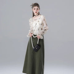 Thin apricot green shadow fake two - piece chiffon shirt - MEIMMEIM(メイムメイム)