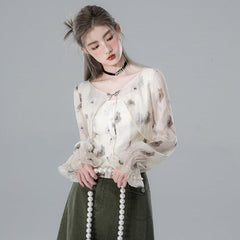 Thin apricot green shadow fake two - piece chiffon shirt - MEIMMEIM(メイムメイム)