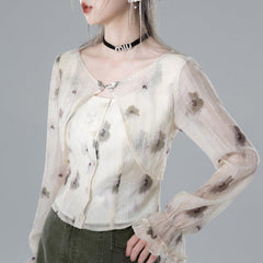 Thin apricot green shadow fake two - piece chiffon shirt - MEIMMEIM(メイムメイム)