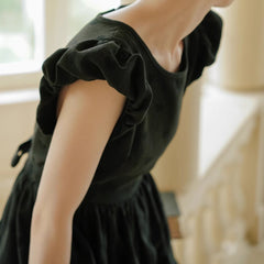 Three - dimensional flower flight sleeve lace - up flower bud dress - MEIMMEIM(メイムメイム)