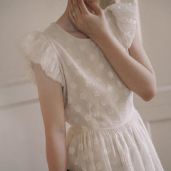 Three - dimensional flower flight sleeve lace - up flower bud dress - MEIMMEIM(メイムメイム)