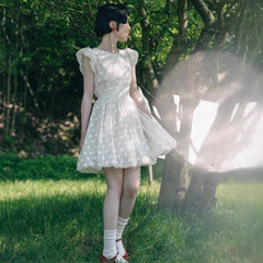 Three - dimensional flower flight sleeve lace - up flower bud dress - MEIMMEIM(メイムメイム)