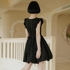 Three - dimensional flower flight sleeve lace - up flower bud dress - MEIMMEIM(メイムメイム)