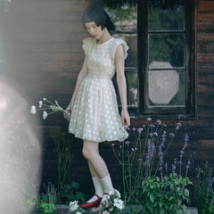 Three - dimensional flower flight sleeve lace - up flower bud dress - MEIMMEIM(メイムメイム)