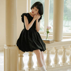 Three - dimensional flower flight sleeve lace - up flower bud dress - MEIMMEIM(メイムメイム)