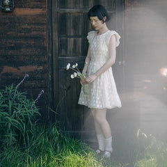 Three - dimensional flower flight sleeve lace - up flower bud dress - MEIMMEIM(メイムメイム)