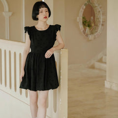 Three - dimensional flower flight sleeve lace - up flower bud dress - MEIMMEIM(メイムメイム)