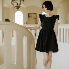 Three - dimensional flower flight sleeve lace - up flower bud dress - MEIMMEIM(メイムメイム)