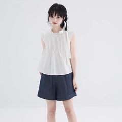 White lace collar small flying sleeve short shirt - MEIMMEIM(メイムメイム)