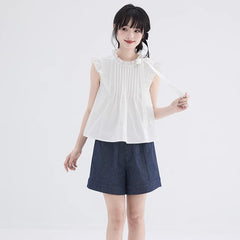 White lace collar small flying sleeve short shirt - MEIMMEIM(メイムメイム)