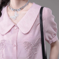 Xiu Pink Pearl Butterfly Embroidery Doll Collar Shirt - MEIMMEIM(メイムメイム)