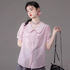 Xiu Pink Pearl Butterfly Embroidery Doll Collar Shirt - MEIMMEIM(メイムメイム)