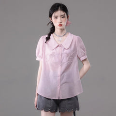 Xiu Pink Pearl Butterfly Embroidery Doll Collar Shirt - MEIMMEIM(メイムメイム)