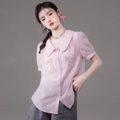 Xiu Pink Pearl Butterfly Embroidery Doll Collar Shirt - MEIMMEIM(メイムメイム)