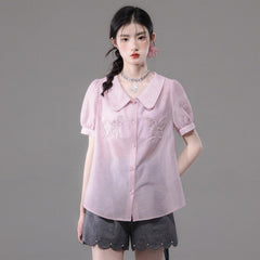 Xiu Pink Pearl Butterfly Embroidery Doll Collar Shirt - MEIMMEIM(メイムメイム)