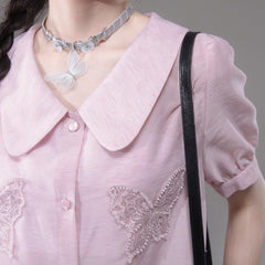 Xiu Pink Pearl Butterfly Embroidery Doll Collar Shirt - MEIMMEIM(メイムメイム)