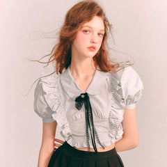 Afternoon Shirt Blue Coffee Stripe Ruffle Lace Bow - MEIMMEIM(メイムメイム)