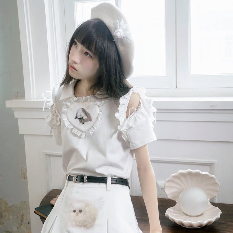 Angel heart bunny print lapel polo short-sleeved T-shirt - MEIMMEIM(メイムメイム)
