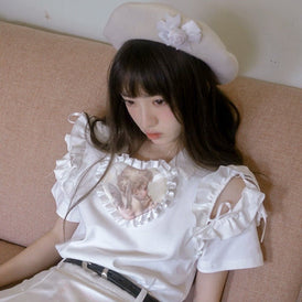 Angel heart bunny print lapel polo short-sleeved T-shirt - MEIMMEIM(メイムメイム)