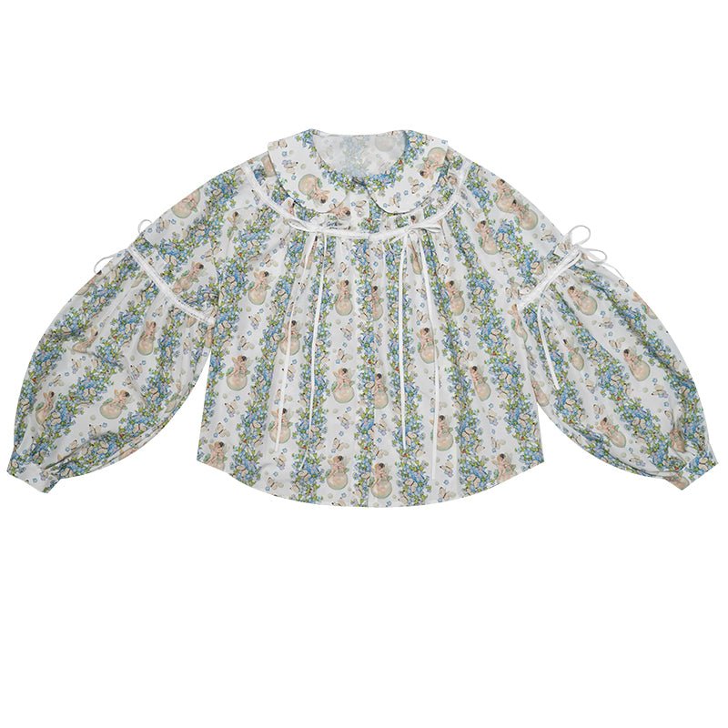 Angel Print Web Bow Puff Sleeve Loose Shirt - MEIMMEIM(メイムメイム)