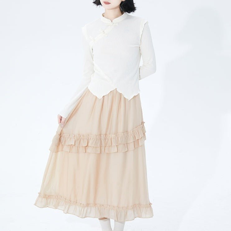 Apricot double layer mid-length high waist A-line skirt - MEIMMEIM(メイムメイム)