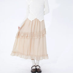 Apricot double layer mid-length high waist A-line skirt - MEIMMEIM(メイムメイム)