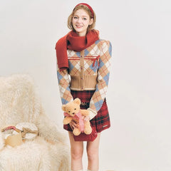 Argyle knit cardigan college check sweater jacket - MEIMMEIM(メイムメイム)