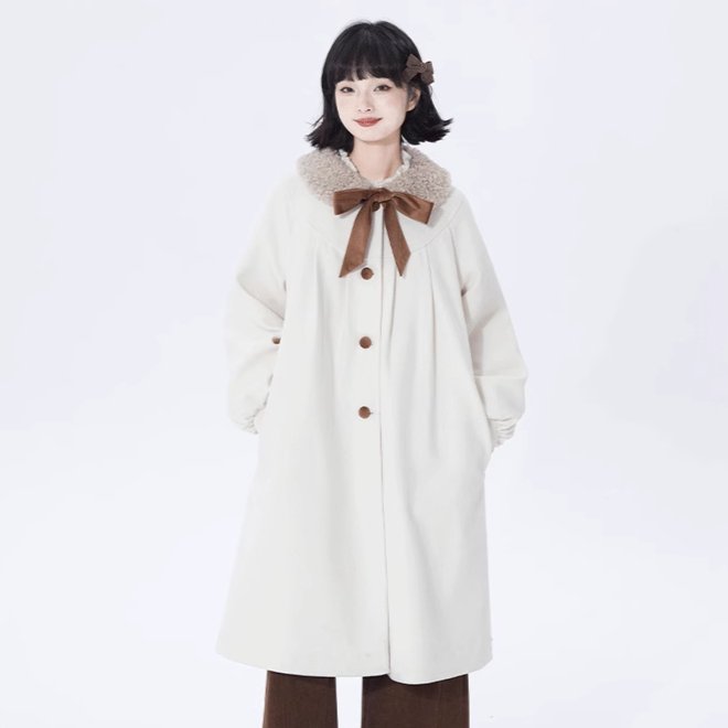 Baby doll collar mid-length quilted lace-up woolen coat - MEIMMEIM(メイムメイム)