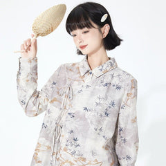 Bamboo print shirt lace-up long sleeve top - MEIMMEIM(メイムメイム)