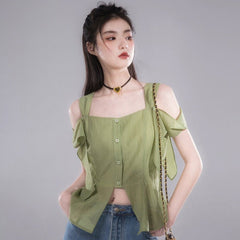 bamboo shadow green cool shirt with shoulder sleeves - MEIMMEIM(メイムメイム)