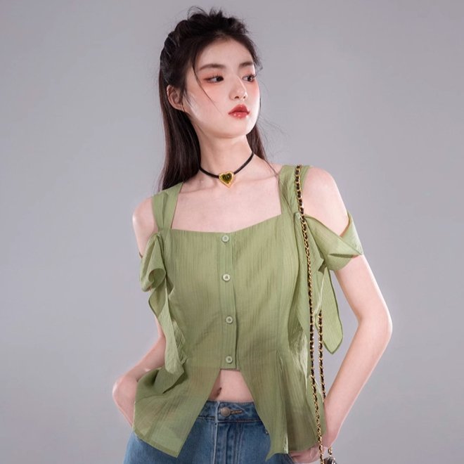 bamboo shadow green cool shirt with shoulder sleeves - MEIMMEIM(メイムメイム)