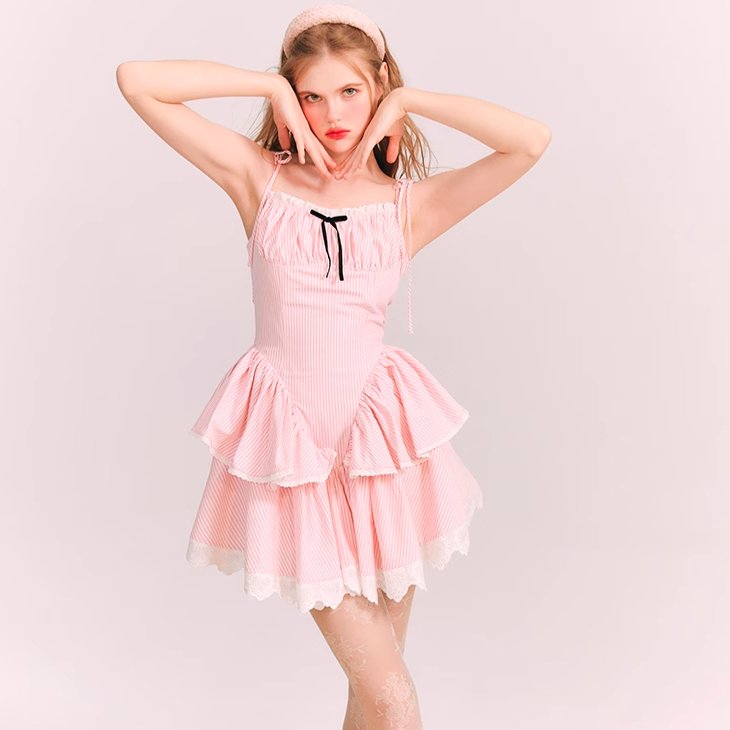 Barbie Powder Dress Lace Stripe Suspender Fluffy Skirt - MEIMMEIM(メイムメイム)