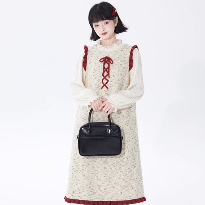 Beige Floral Red Wool Vest Inner Knit Dress - MEIMMEIM(メイムメイム)