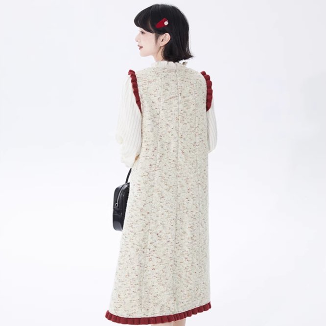 Beige Floral Red Wool Vest Inner Knit Dress - MEIMMEIM(メイムメイム)