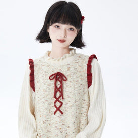 Beige Floral Red Wool Vest Inner Knit Dress - MEIMMEIM(メイムメイム)