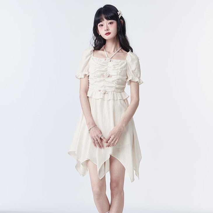 Beige square collar dress rose irregular skirt - MEIMMEIM(メイムメイム)