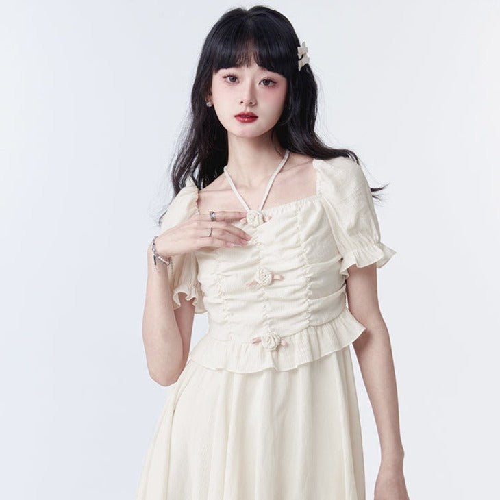 Beige square collar dress rose irregular skirt - MEIMMEIM(メイムメイム)