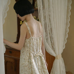 Beige suspender V-neck high-waist sleeveless long A-line skirt - MEIMMEIM(メイムメイム)
