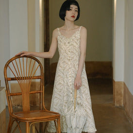 Beige suspender V-neck high-waist sleeveless long A-line skirt - MEIMMEIM(メイムメイム)