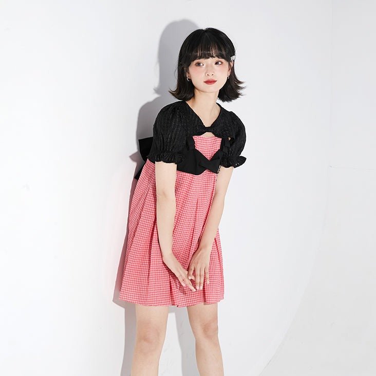 Berry red plaid vest high waist pleated dress - MEIMMEIM(メイムメイム)